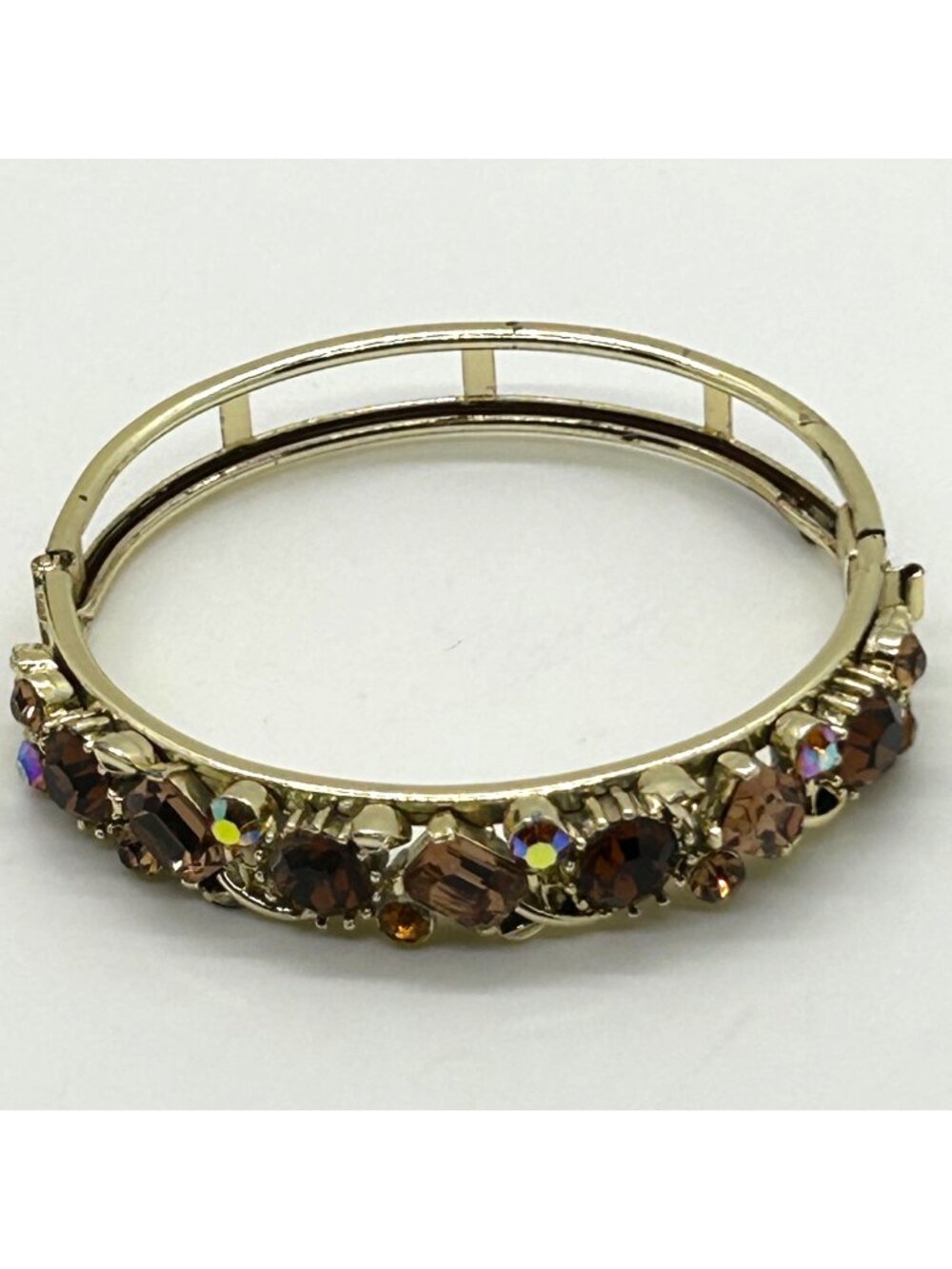 Vintage Lisner Bangle Bracelet Gold-Tone Brown Aurora Borealis Rhinestone READ